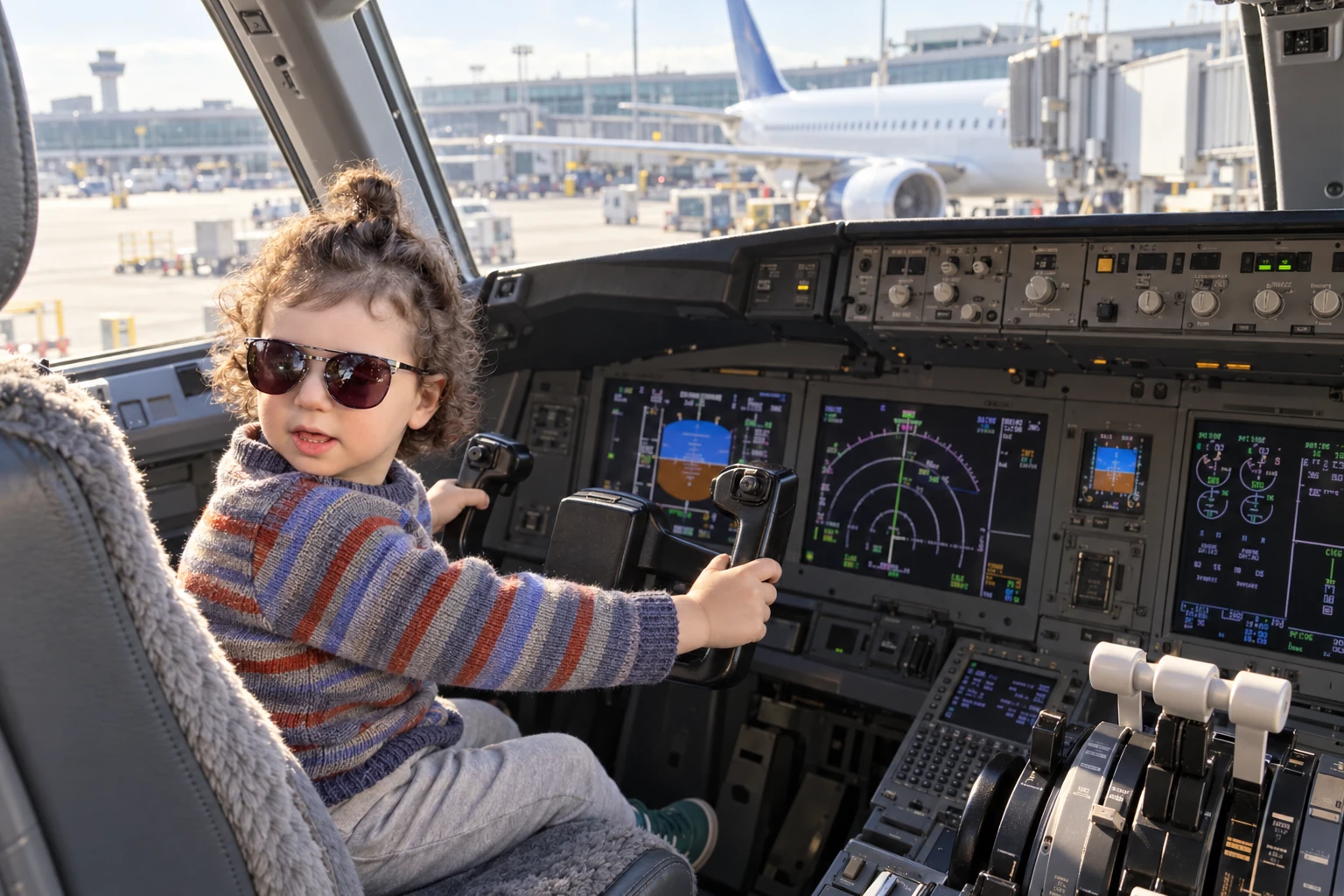 Gavi in aviator sunglasses at the controls of a commercial airplane