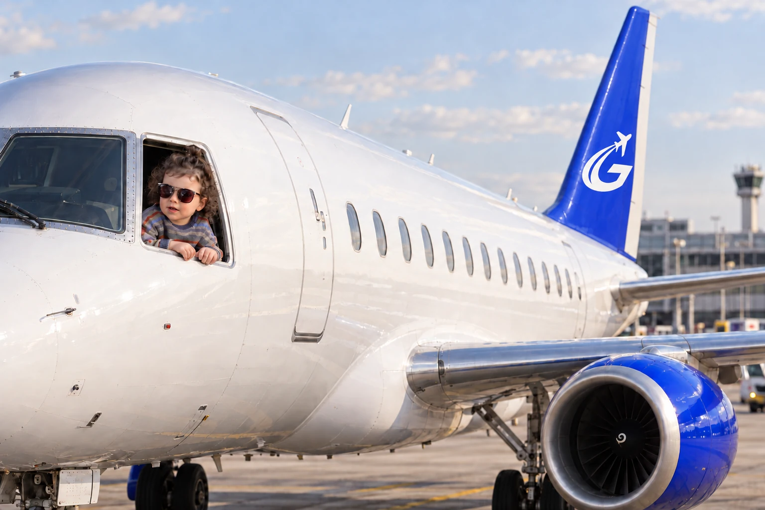 Gavi wearing aviators and leaning out of a commercial jet’s cockpit window